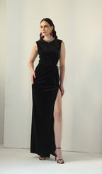 Embellished Velvet Split Maxi Dress