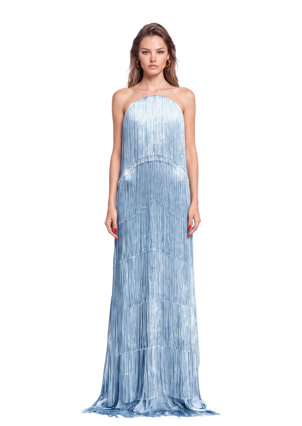 Umeko Strapless Multi Layered Tassel Maxi Dress  In Blue