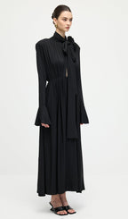 Flower V-Neck Pleated Slit Maxi Dress In Black