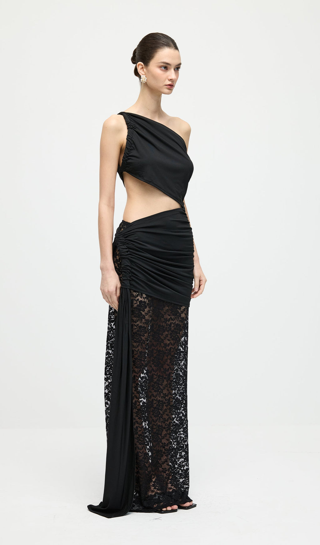 Asymmetric Lace Cut Out Draped Maxi Dress