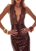 V Neck Lace-Trimmed Sequined Midi Dress In Coffee