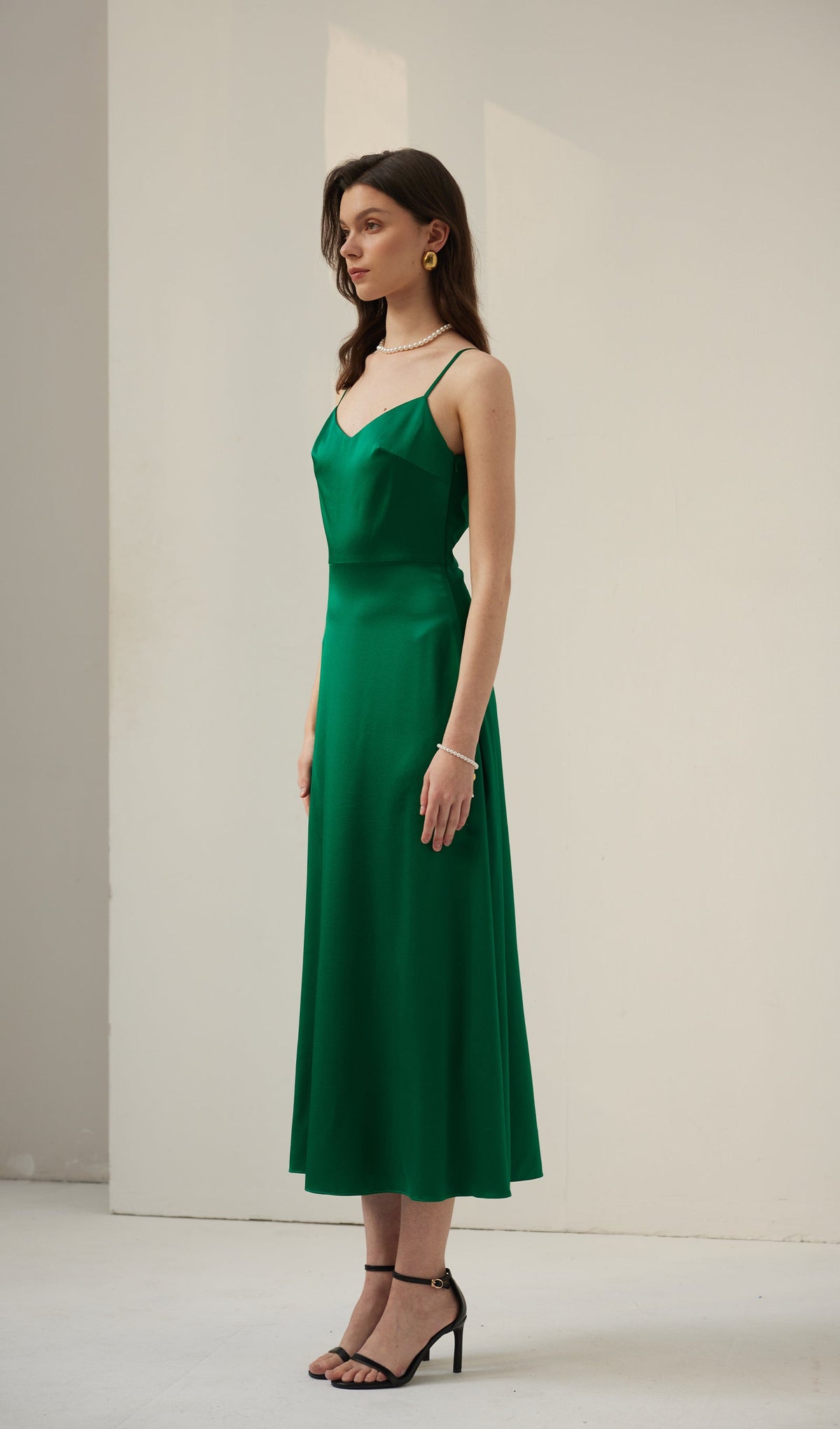 Silk Pearl Midi Dress-Green