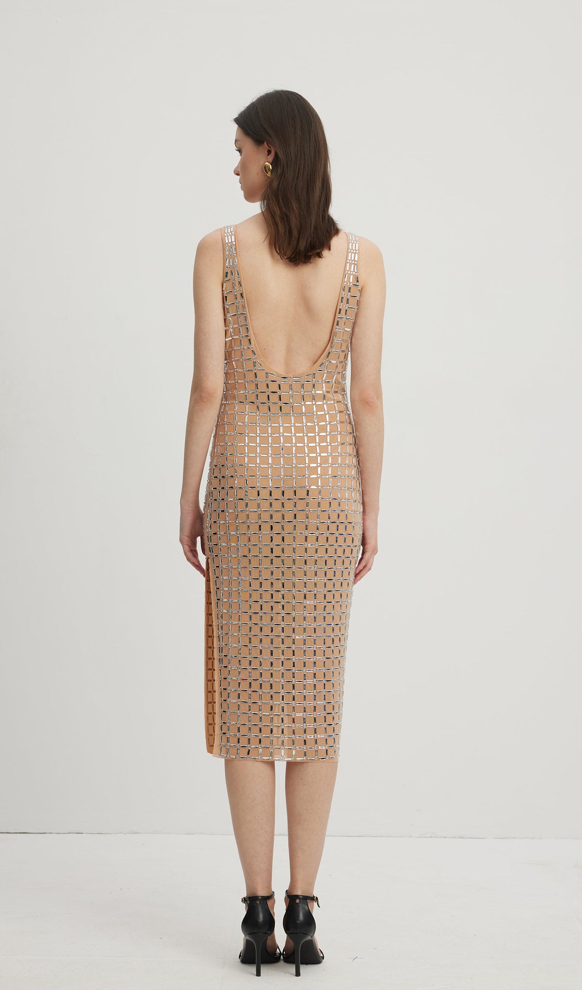 Embellished Open-Back Midi Dress Nude