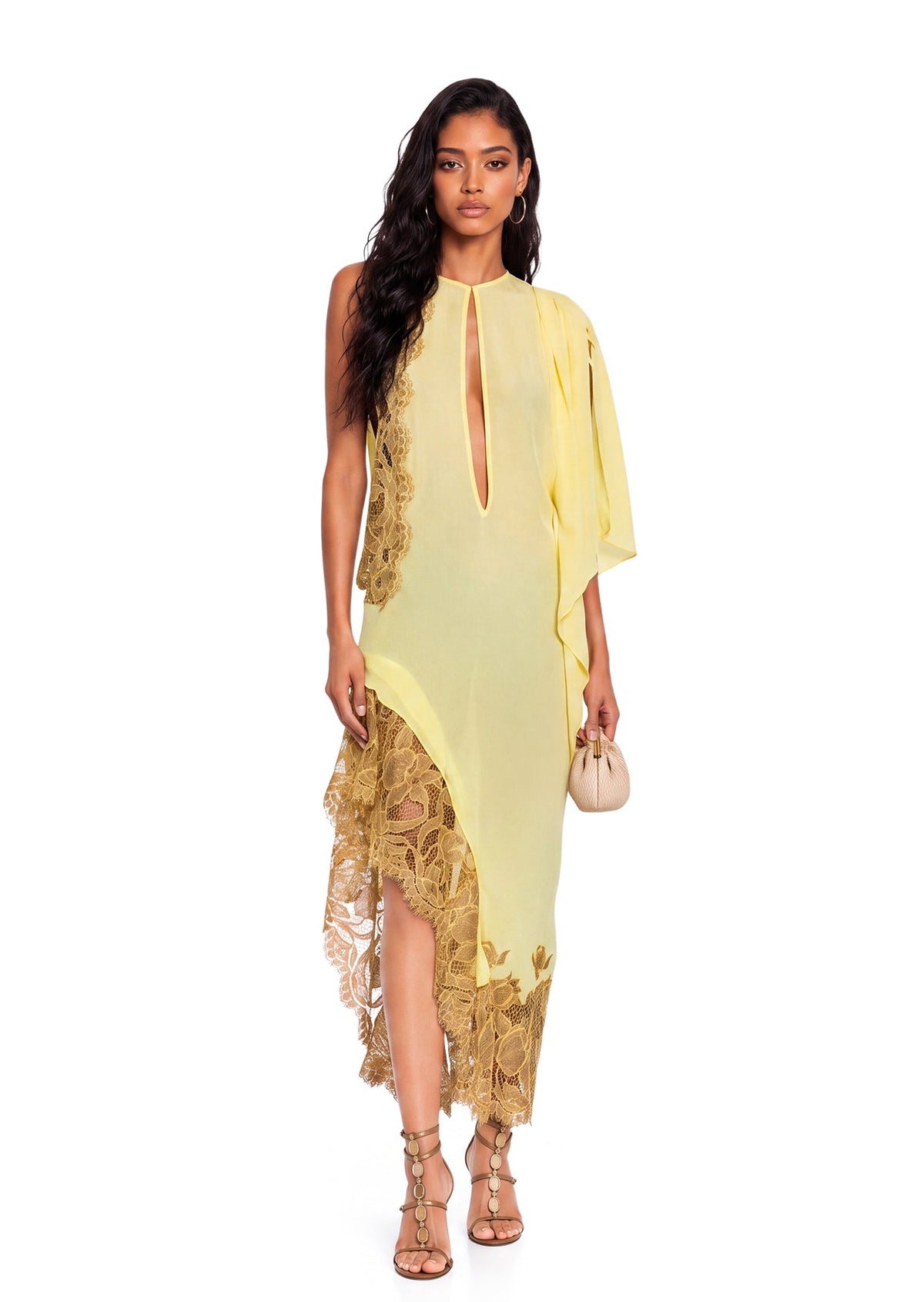 Sabra Sheer Lace Midi Dress In Yellow