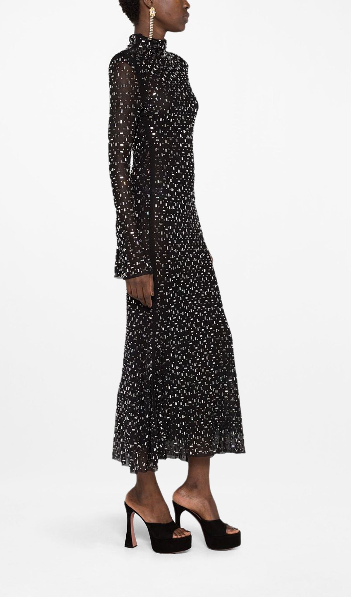 Rhinestone-Embellished Mesh Midi Dress