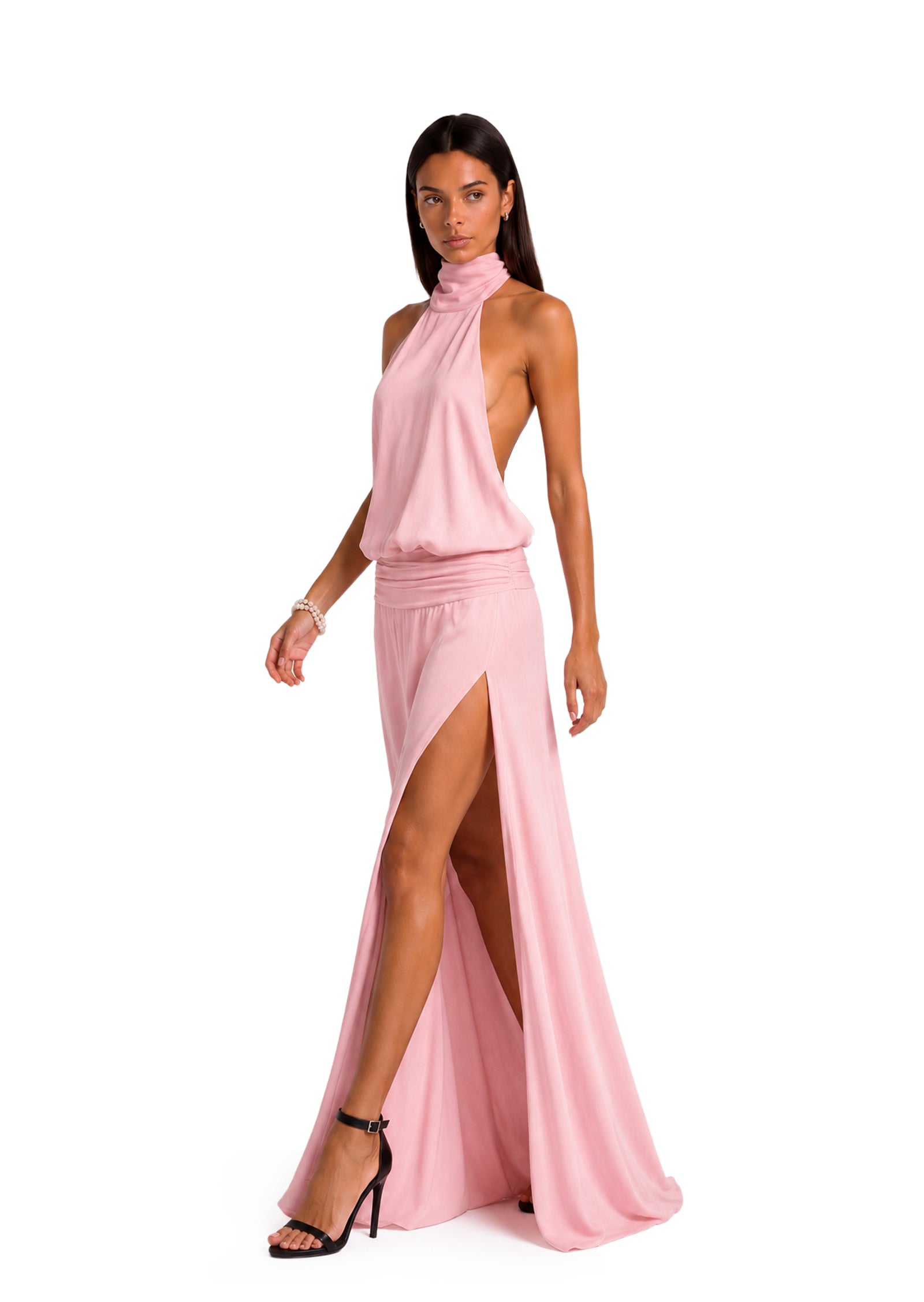 Bhavya Halter Neck Open Back Slit Maxi Dress
