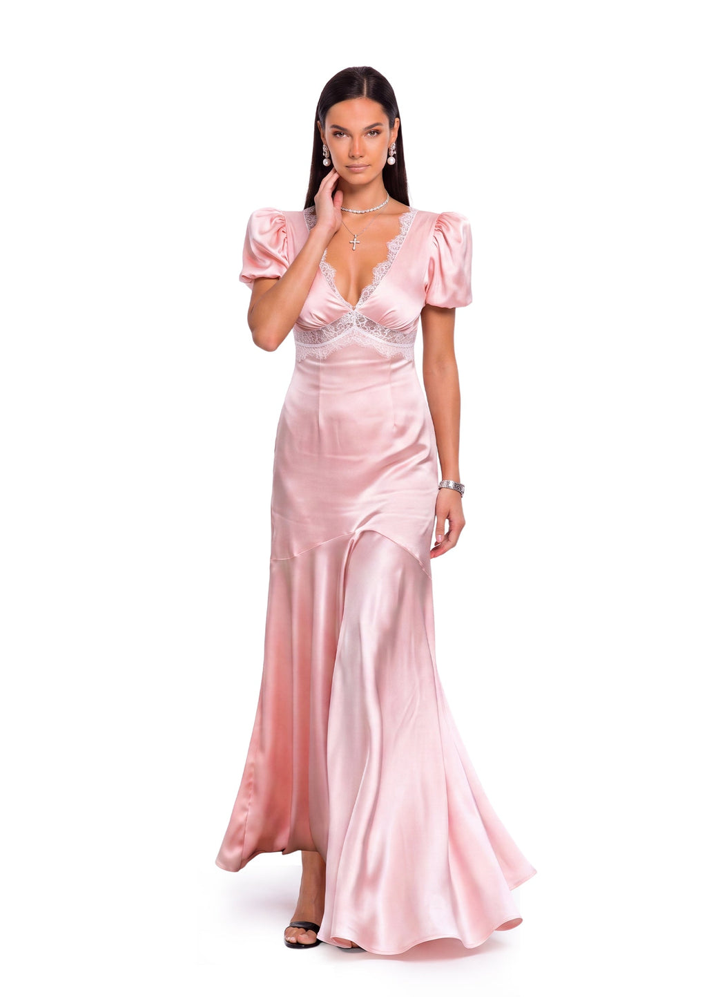 Nahal Satin Short Sleeved Maxi Dress In Pink