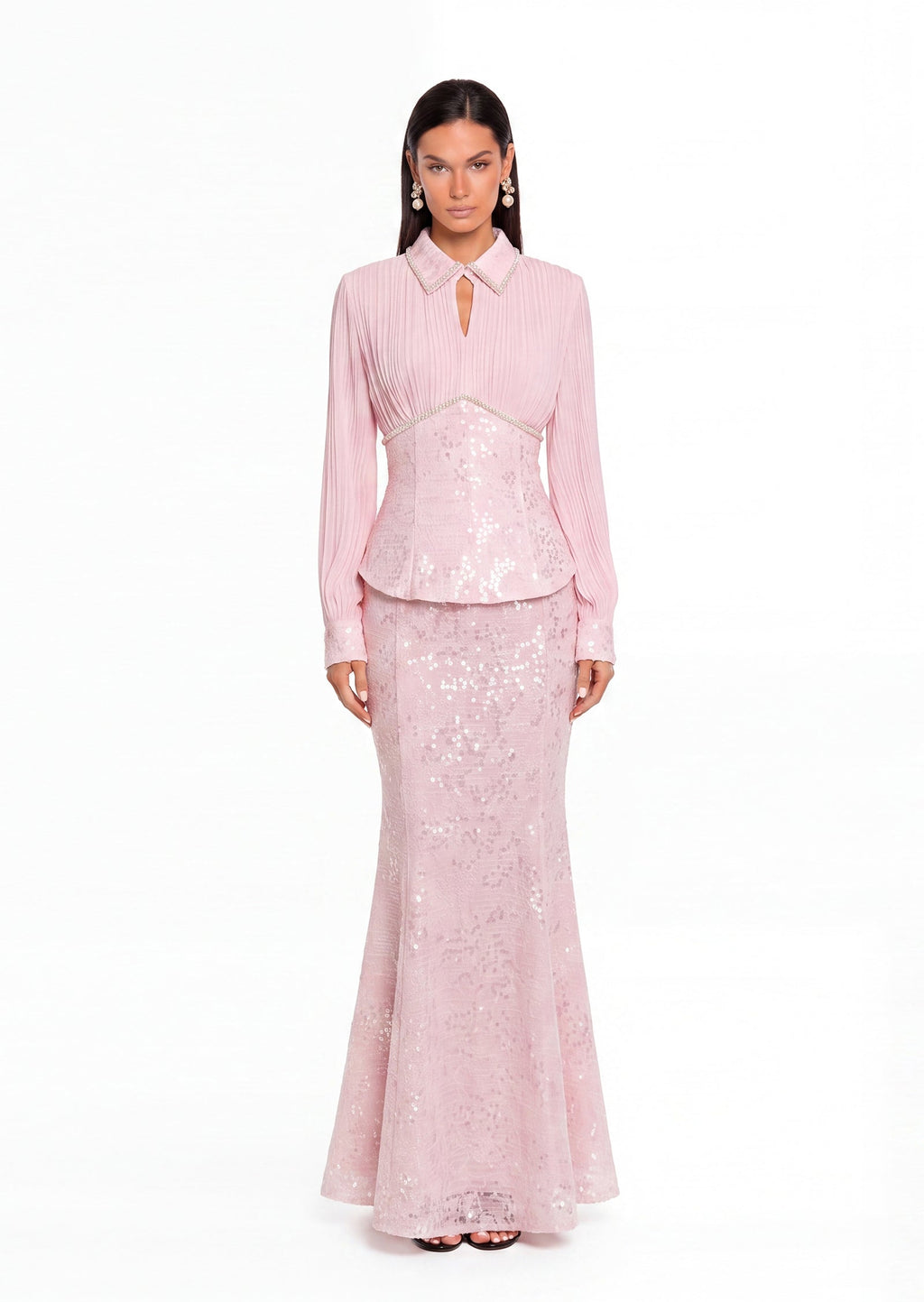Nagisa Beaded Sequin Mermaid Maxi Dress Set In Pink