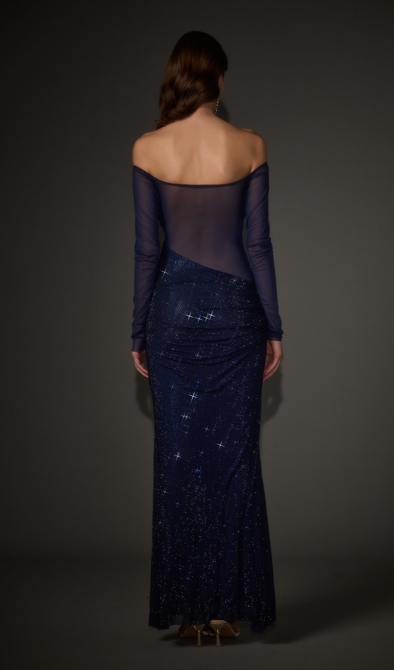 Diamante Off Shoulder Maxi Dress In Navy