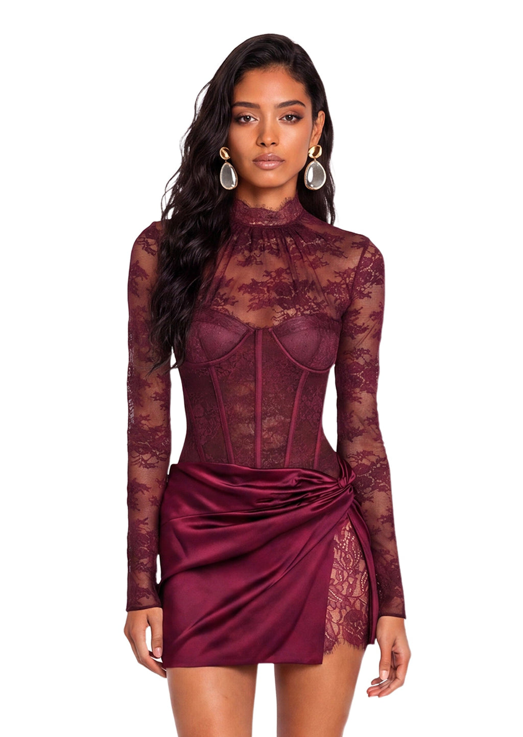 Mana Long Sleeved Lace Bodysuit & Skirt Set In Claret