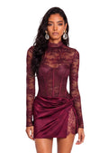 Mana Long Sleeved Lace Bodysuit & Skirt Set In Claret
