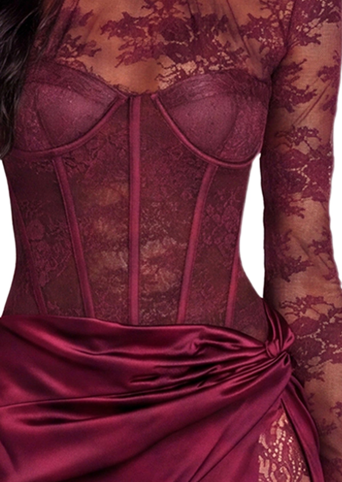 Mana Long Sleeved Lace Bodysuit & Skirt Set In Claret
