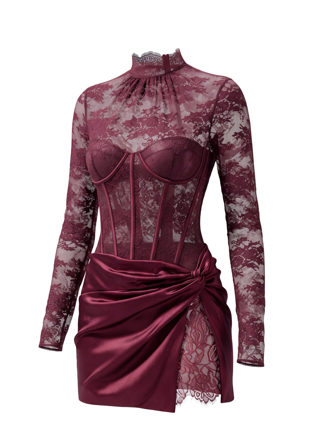 Mana Long Sleeved Lace Bodysuit & Skirt Set In Claret