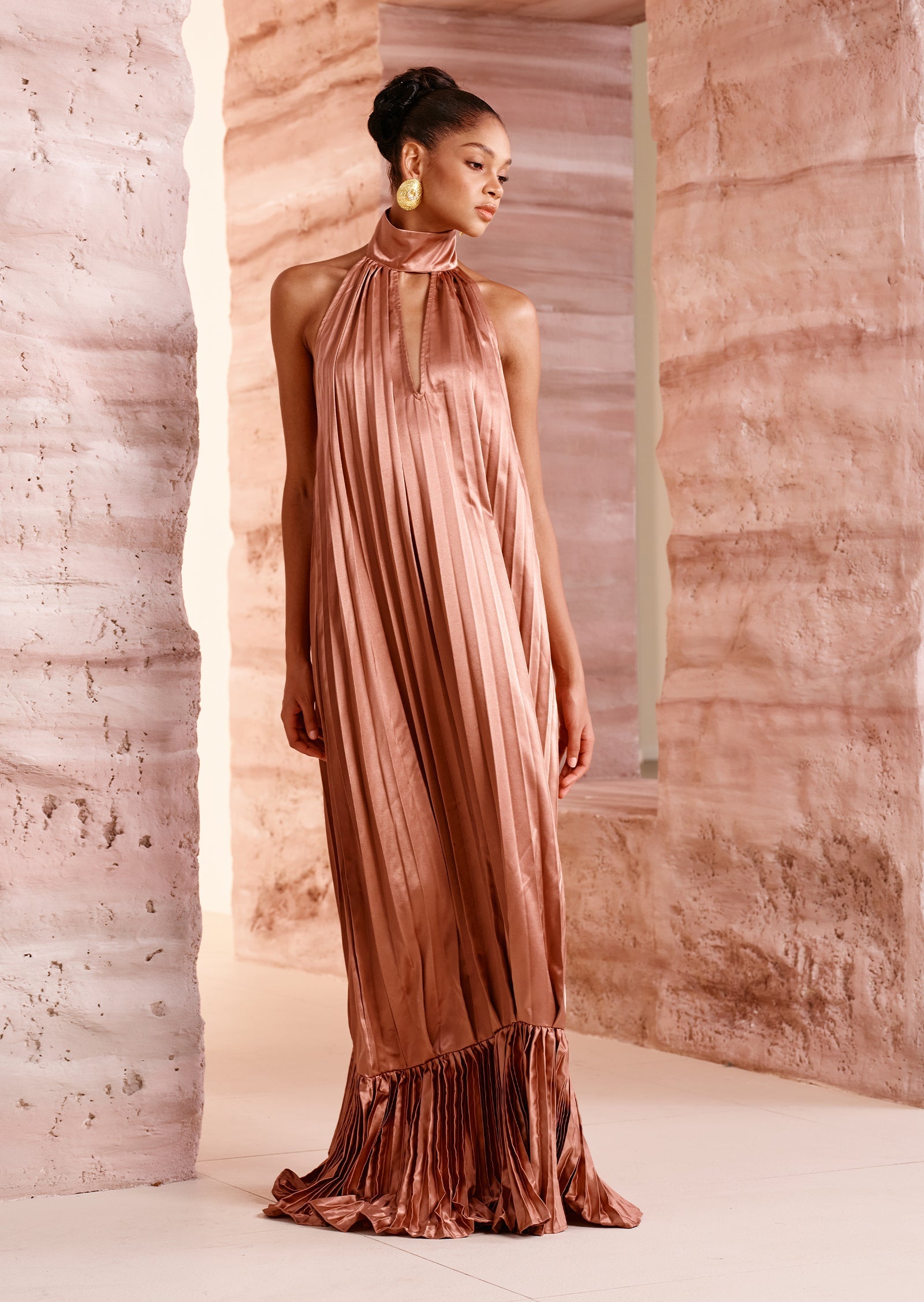 Sleeveless V Neckline Pleats Ruffled Maxi Dress