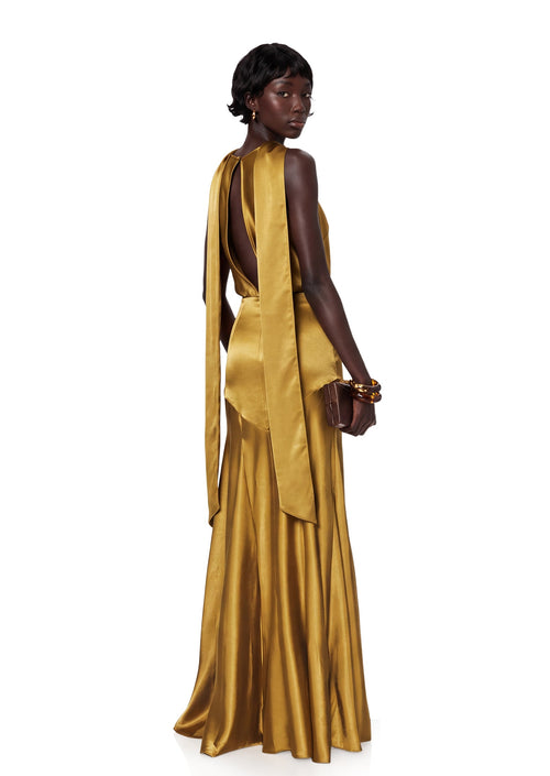 Quanita Satin Halter Neck Maxi Dress In Yellow