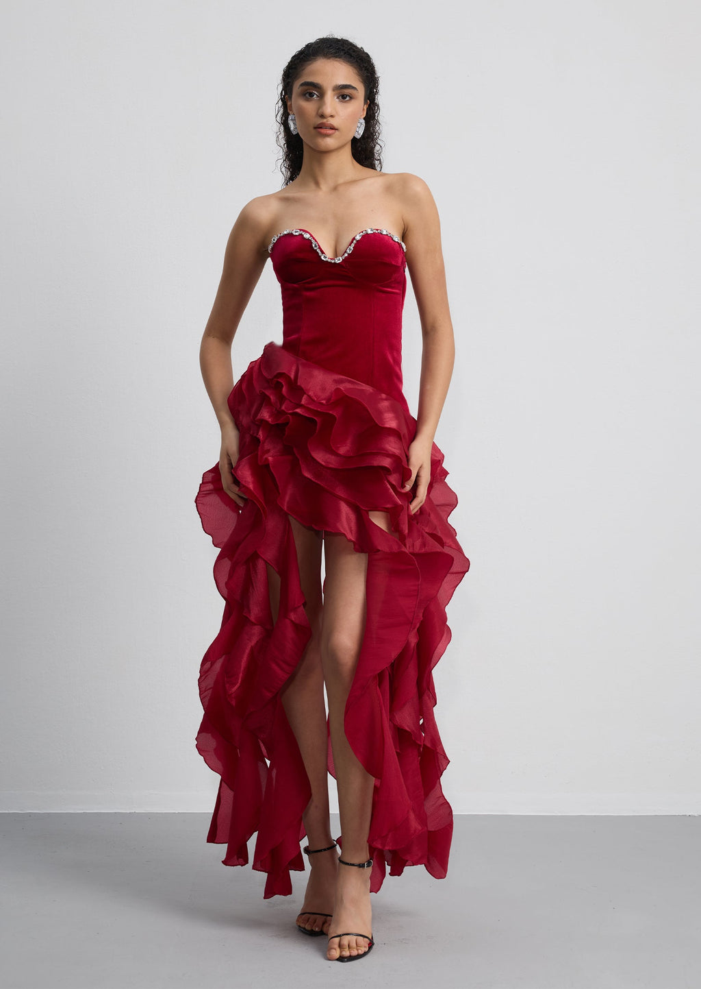 Strapless Ruffled Velvet Maxi Dress In Red