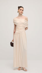 Off Shoulder Pleated Maxi Dress In Dune