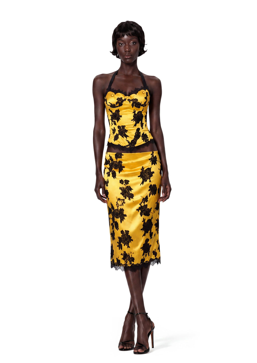 Ufuk Satin Lace Top & Midi Skirt Set In Yellow
