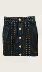 Rope Lacing Leather Jacket & Mini Skirt