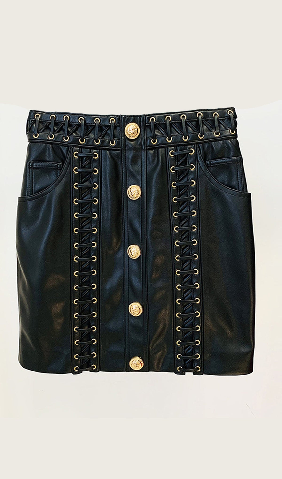 Rope Lacing Leather Jacket & Mini Skirt