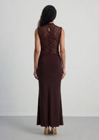Sleeveless Lace Bodice Ruched Maxi Dress