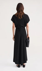 Slouch Waist Satin Midi Dress-Black