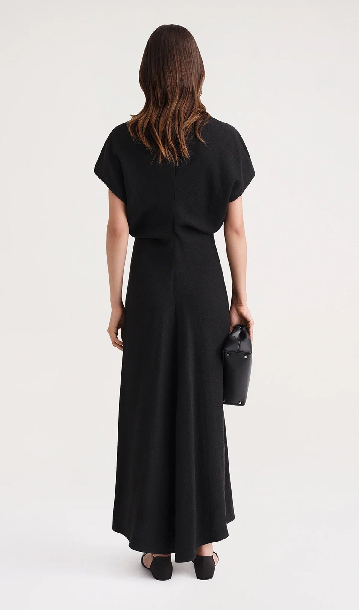 Slouch Waist Satin Midi Dress-Black