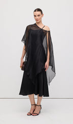 Asymmetric Cape With Satin Midi Dress