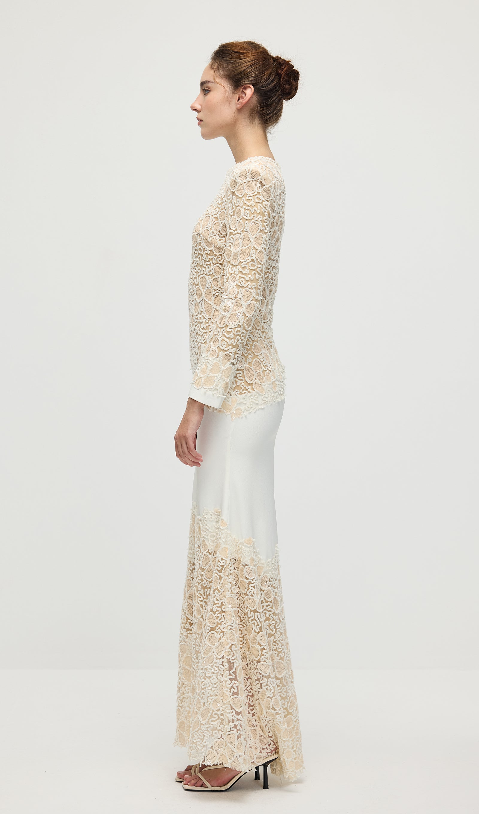 Textured Floral Embroidered Sequined Maxi Dress In Ivory