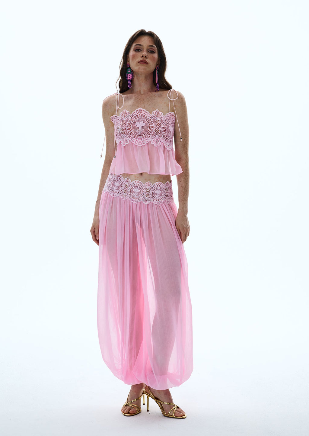 Luenie Chiffon Top & Pant Two Piece Set In Pink