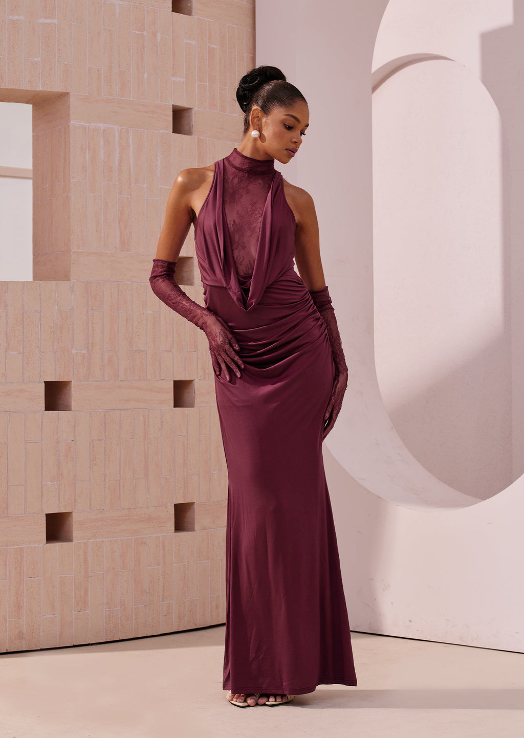 Lace Bodice Ruched Maxi Dress
