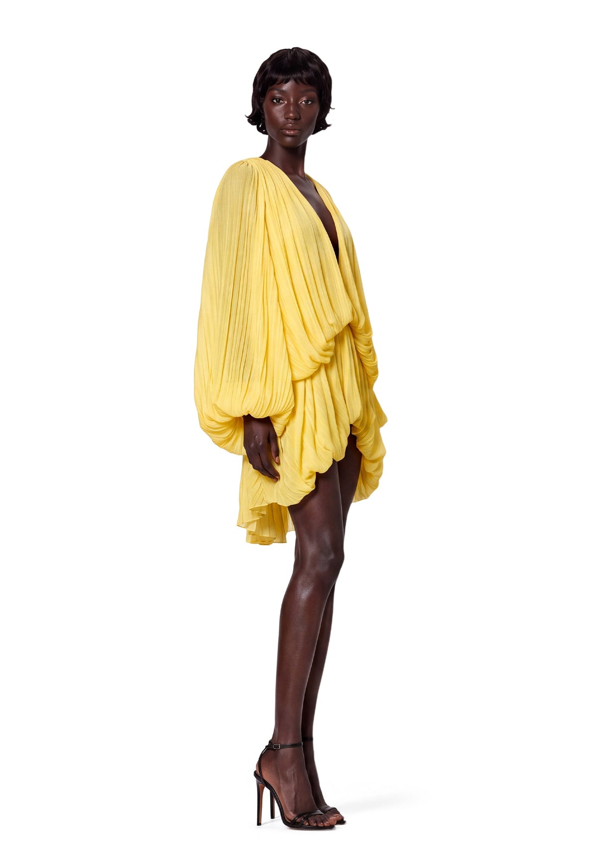 Maame Low Cut Puff Sleeve Mini Dress In Deep Yellow