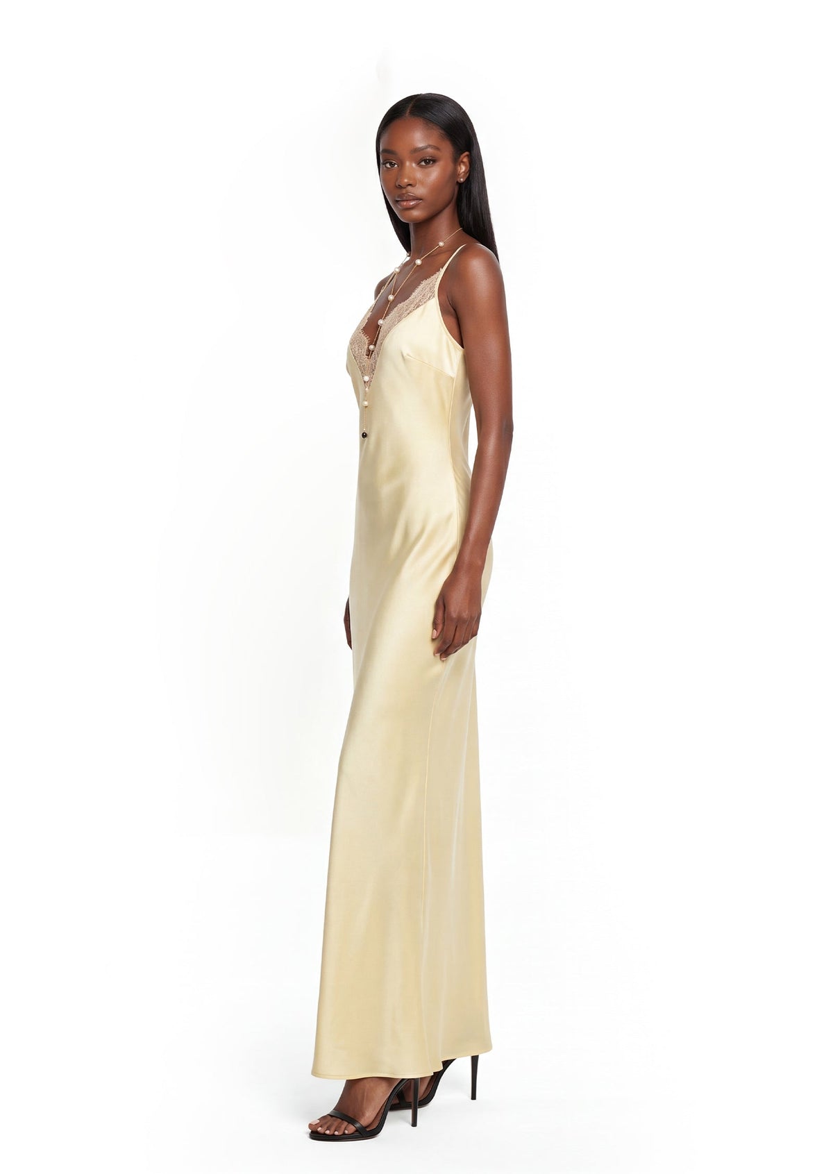Vagn Deep V Neck Satin Maxi Dress With Lace