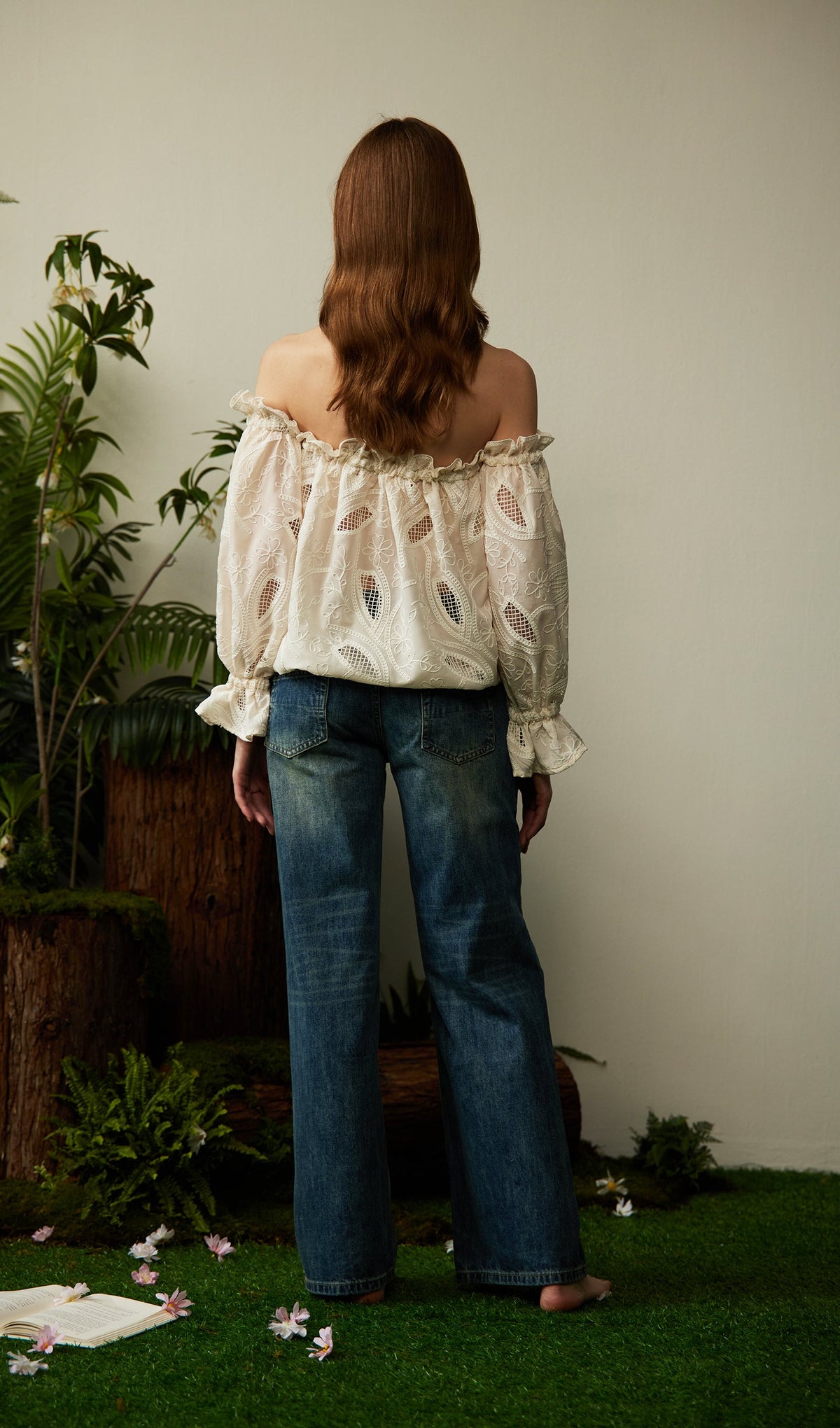 Off Shoulder Ruffled Hollow Out Top