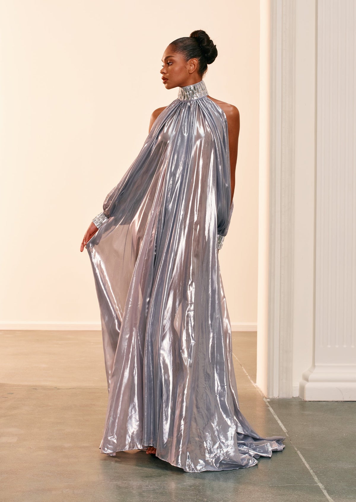 Silver Chiffon Lamé Maxi Dress With Halter Neck