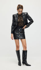 Rope Lacing Leather Jacket & Mini Skirt