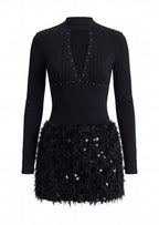 Deep V-neck Spliced Feather Sequin Mini Dress