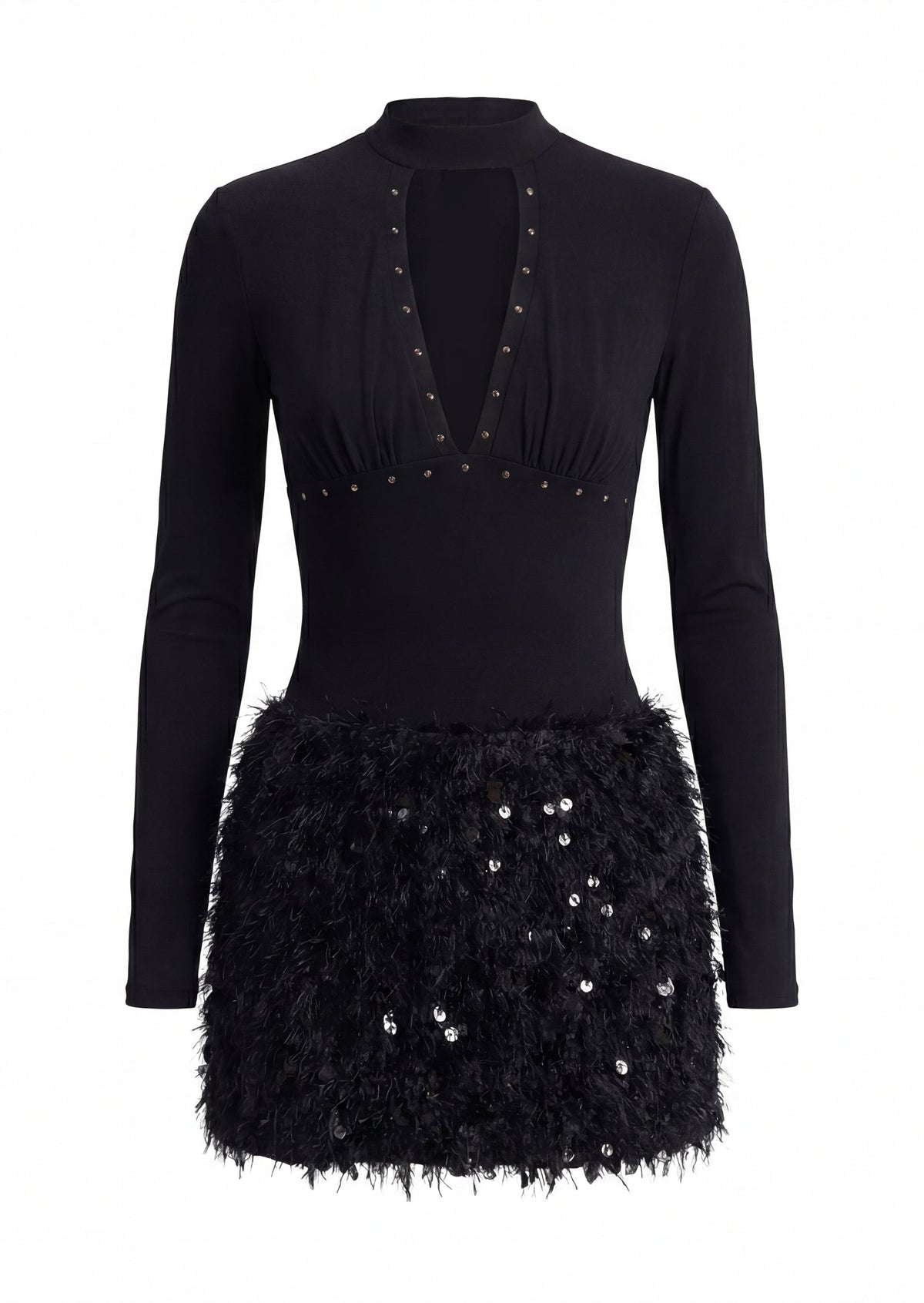Deep V-neck Spliced Feather Sequin Mini Dress