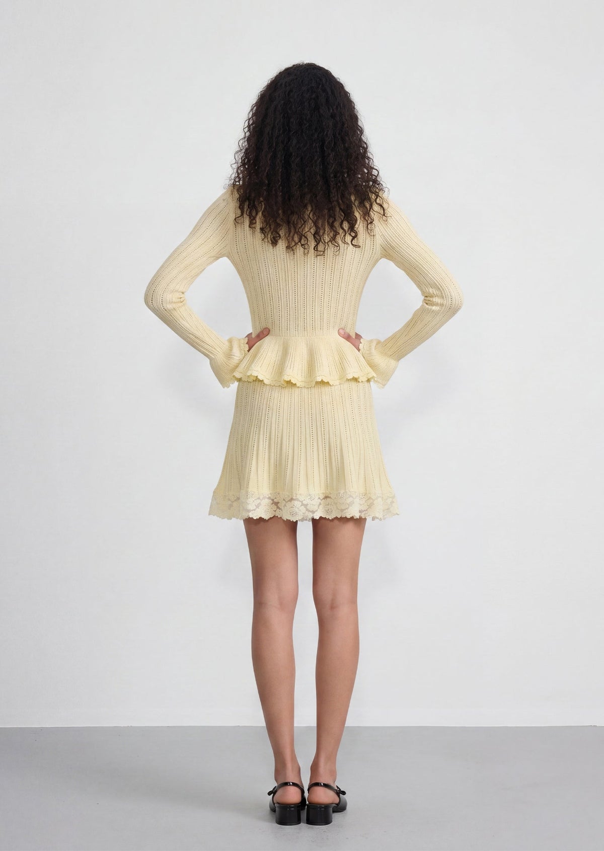 Pointelle Peplum Knit Mini Skirt Set In Yellow