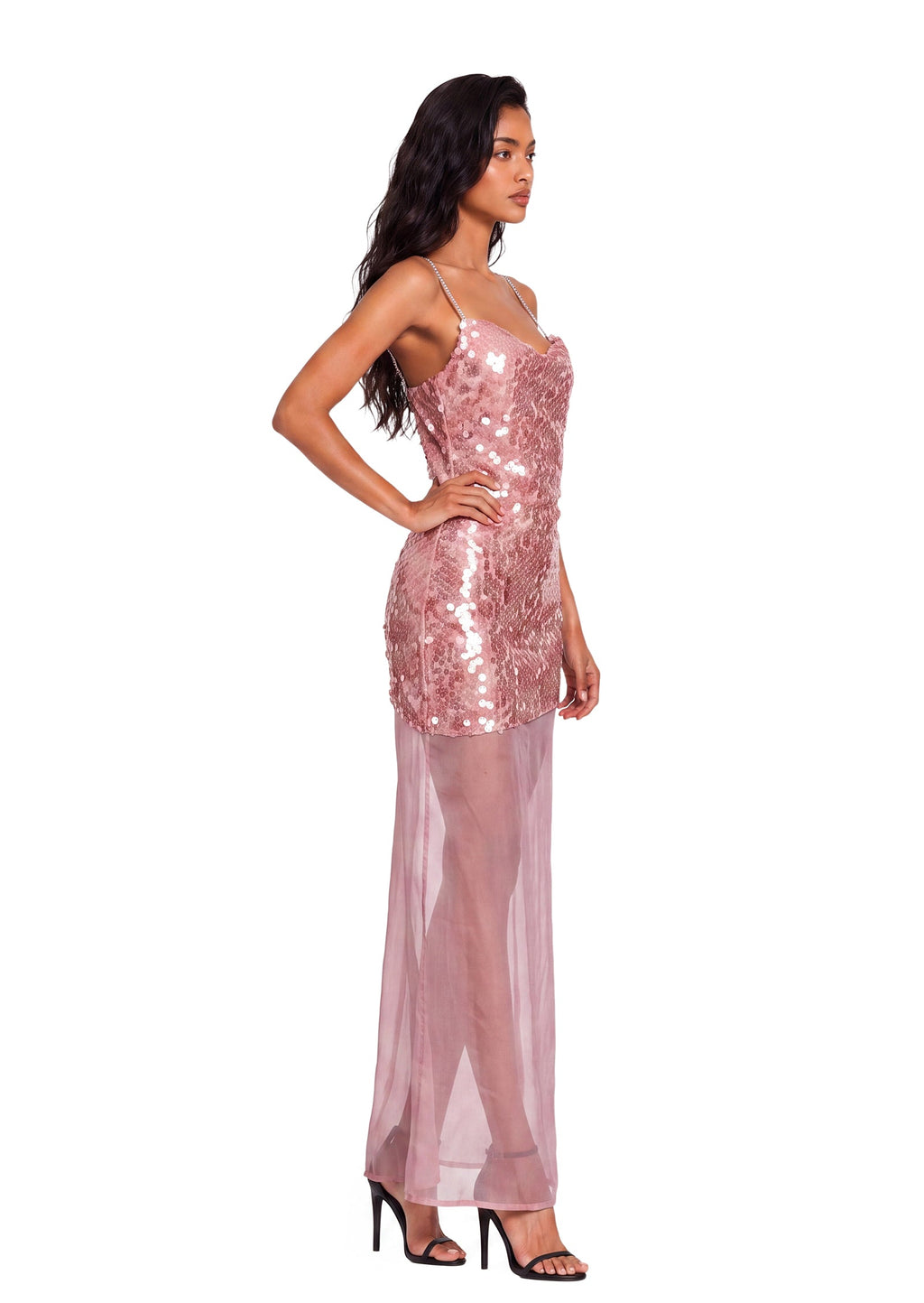 Wamblee Sequined Mesh Maxi Dress In Pink