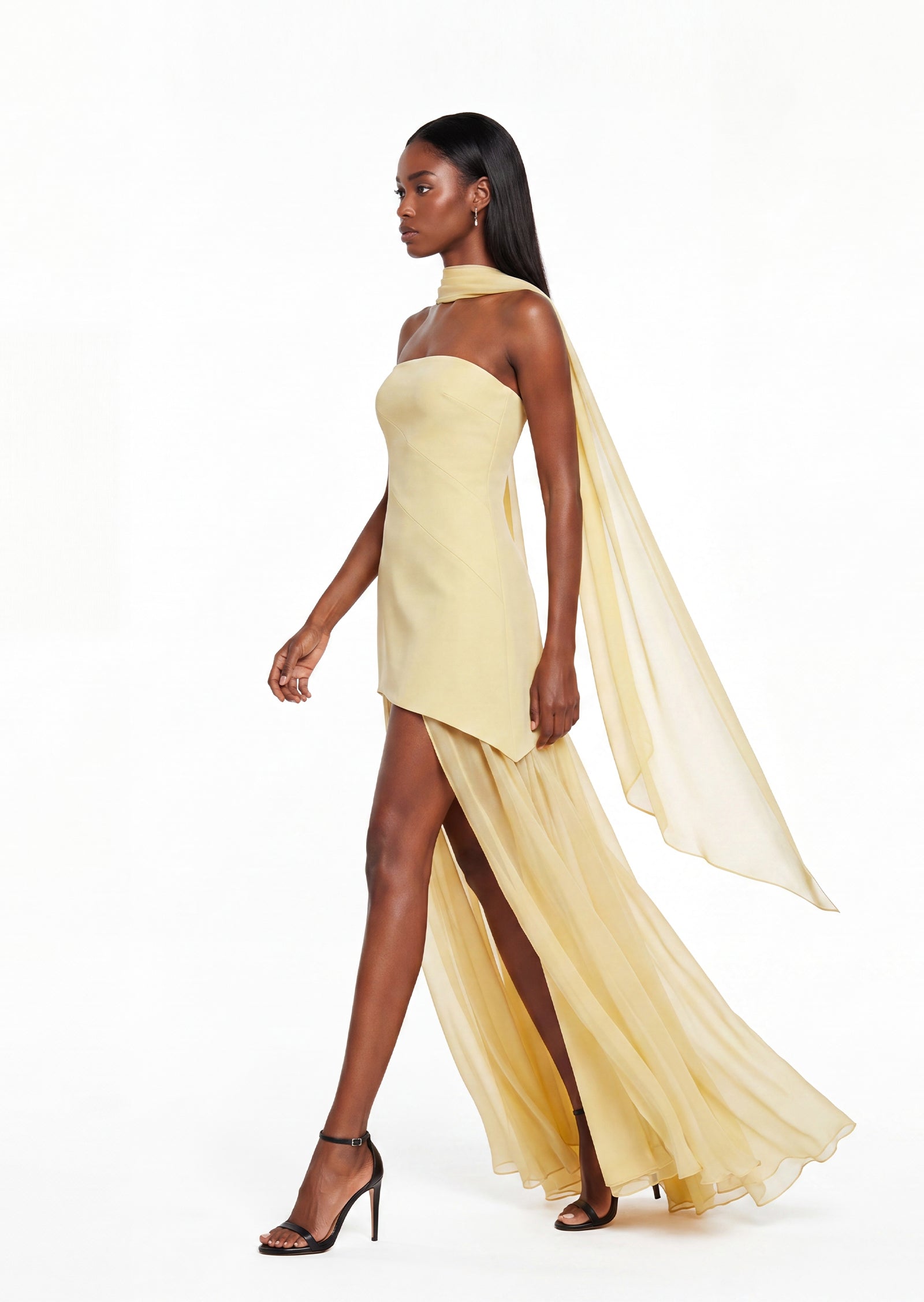 Halina Strapless Layered Train Maxi Dress In Lemom
