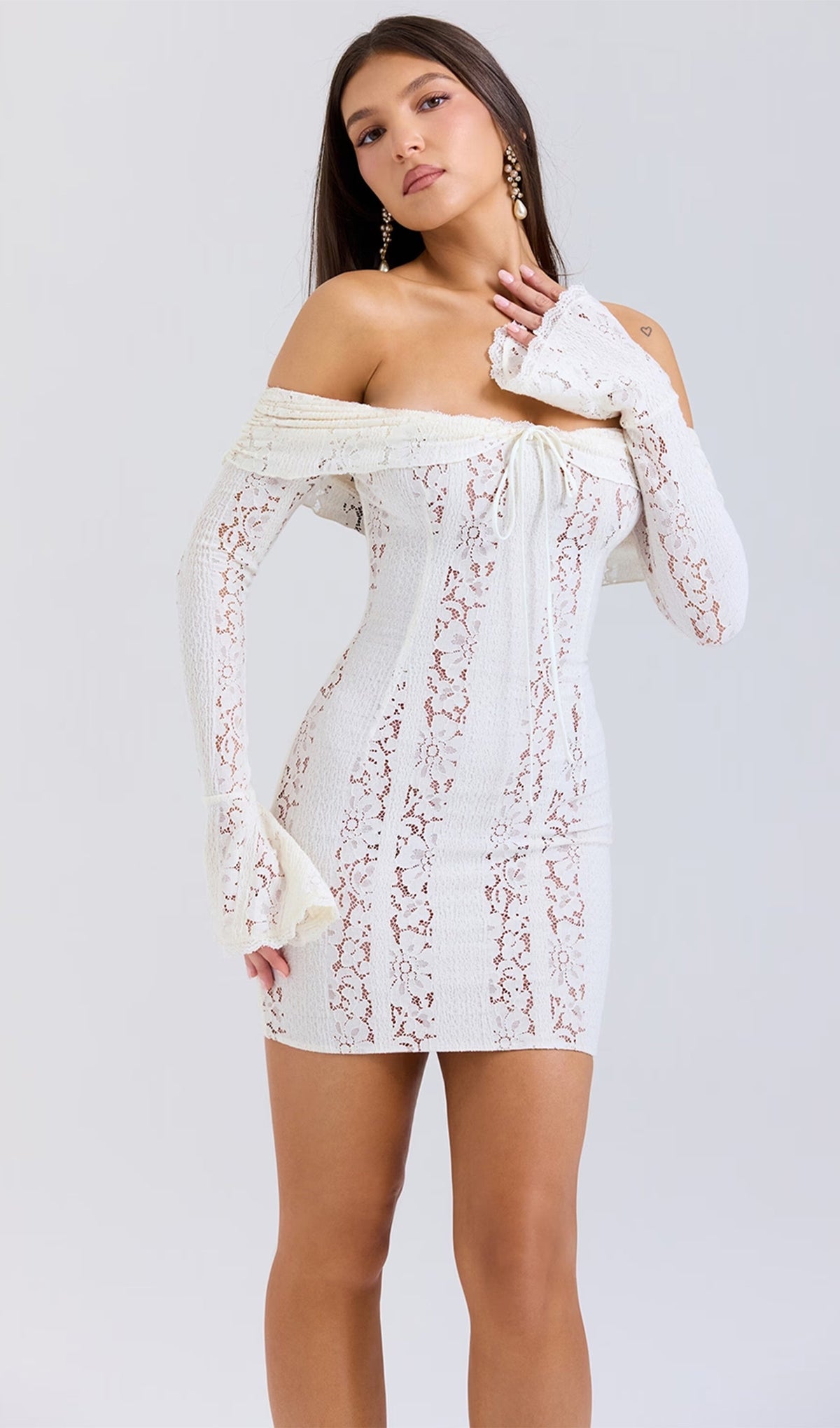 Vintage Floral Lace Off Shoulder Mini Dress