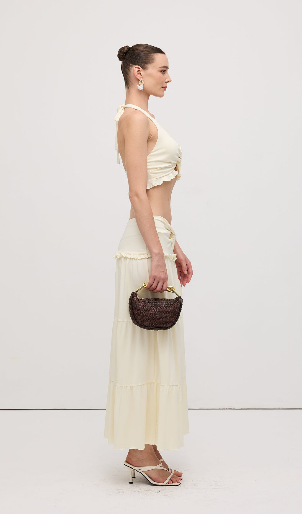 Halter Top & Twist Ruffled Maxi Skirt Sets White