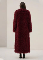 Faux Fur Maxi Jacket In Burgundy