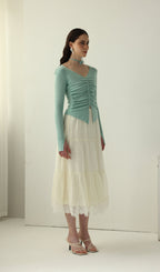 Solid V Neck Ruffled Knit Top