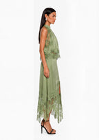 Satin Lace Trim Two Piece Set In Green
