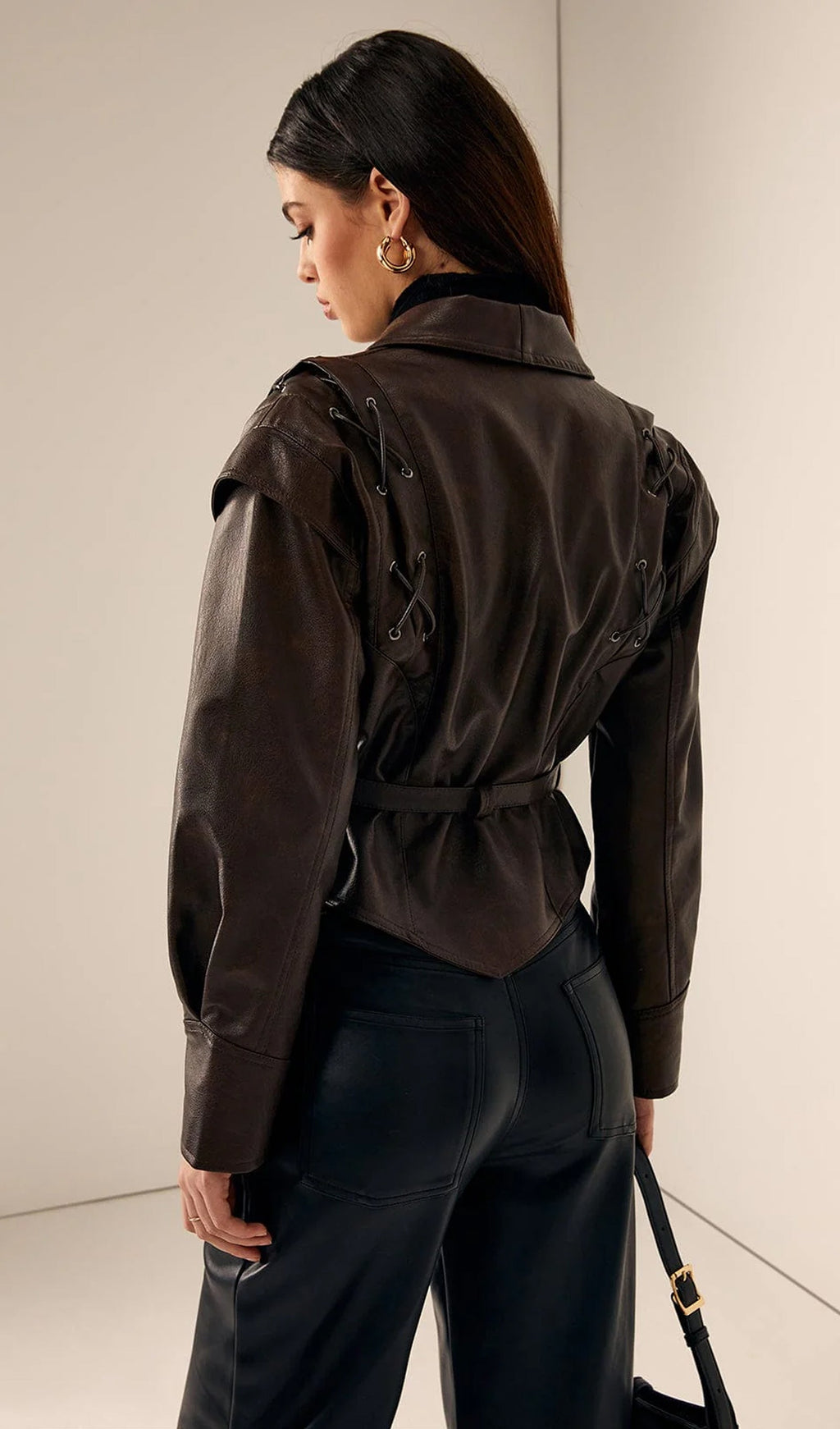 Tie-Waist Faux Leather Jacket In Brown