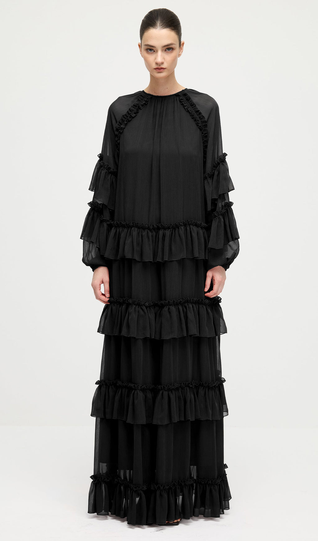Ruffle Tiered Puff Sleeve Maxi Dress In Black