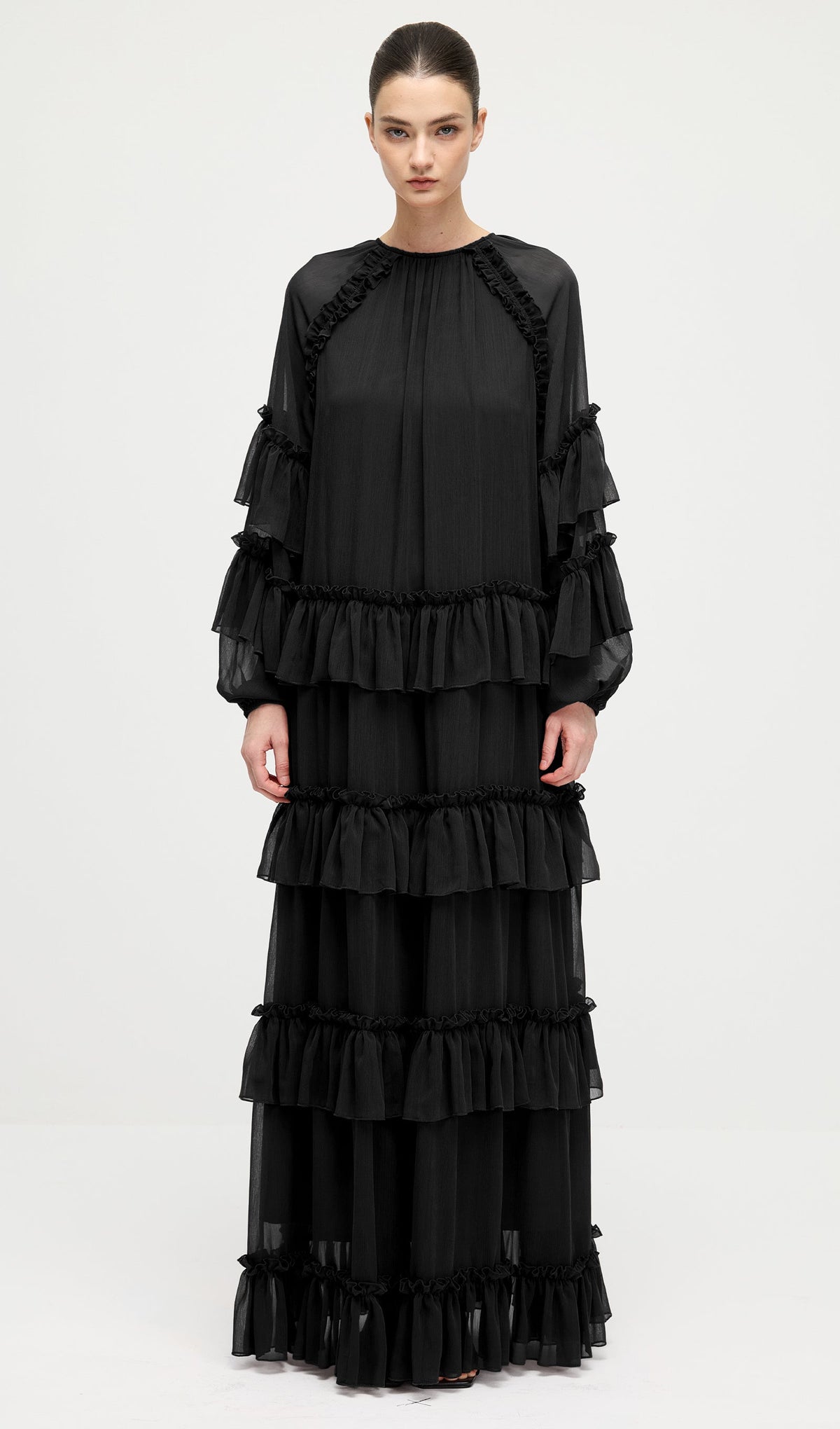 Ruffle Tiered Puff Sleeve Maxi Dress In Black