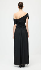Black Off Shoulder Pleated Maxi Dress